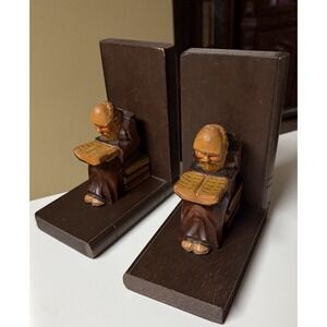 Vtg Pair Of Carved Wood Monk Man Reading Book Wooden Bookends‎ Book Shaped Base